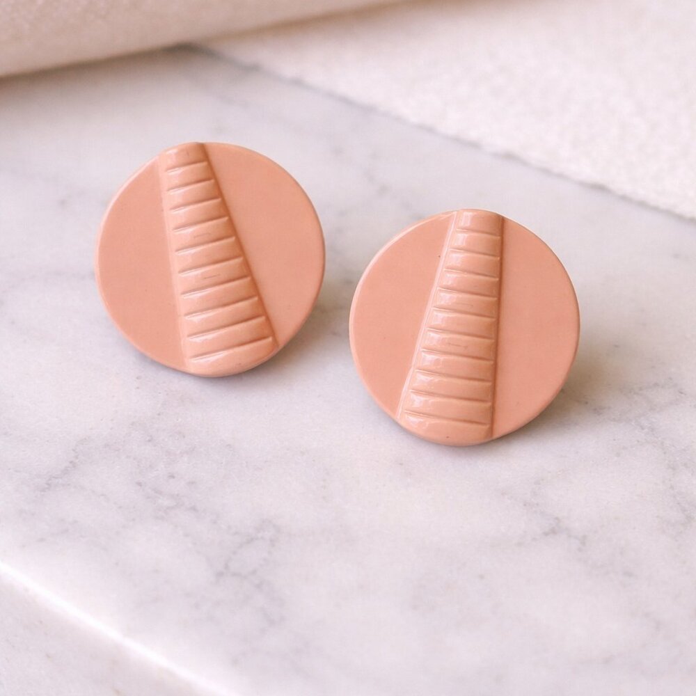 Vintage Peach Sculptural Disc Earrings | 1980s Retro Statement Studs